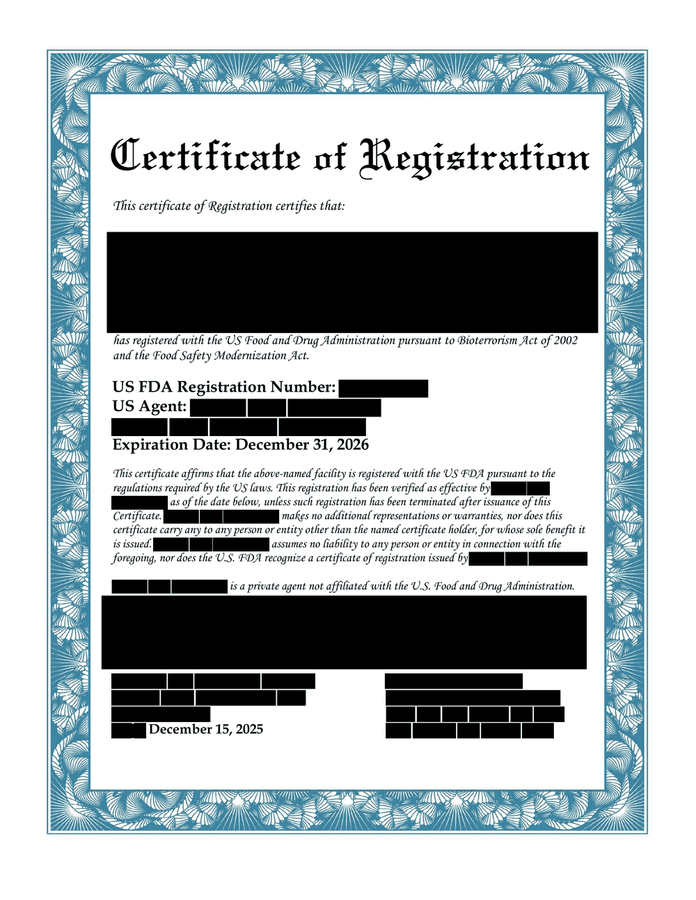 Sample US FDA registration certificate with client and agent details hidden